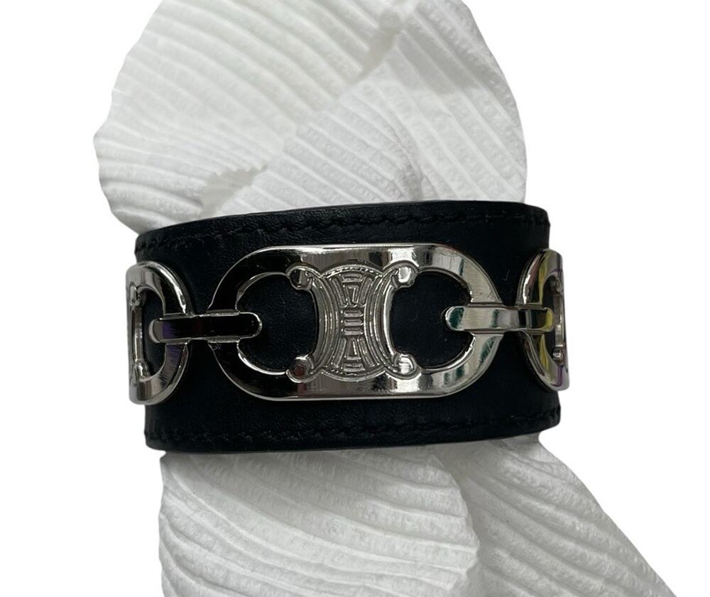 Celine Triomphe Bracelet Black Leather Cuff Silver Hardware